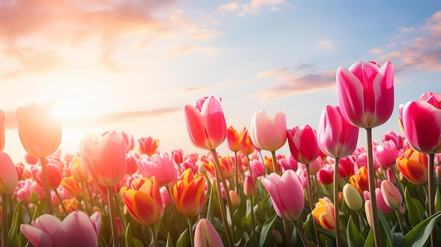 Panorama del campo di tulipani in fiore