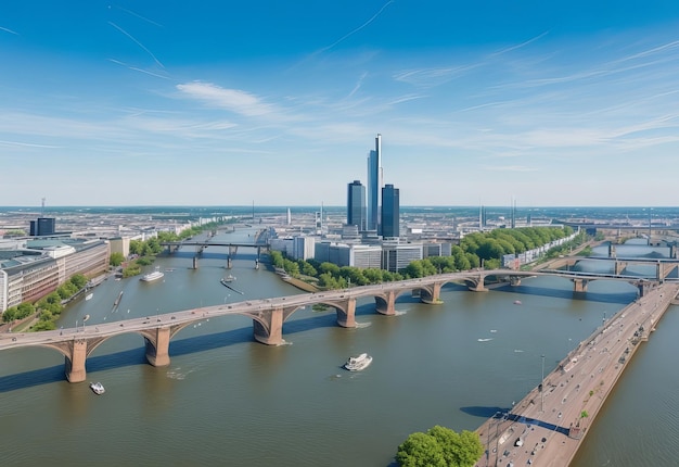 Panorama del drone sul fiume Meno e Offenbach con lo skyline di Francoforte