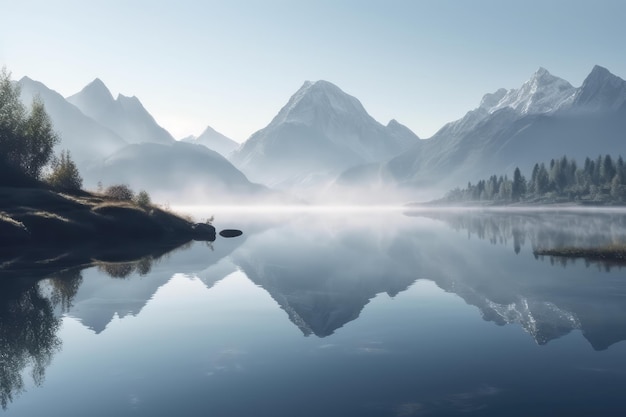 Panorama del lago in una mattinata nebbiosa con le montagne dei ghiacciai generate dall'intelligenza artificiale