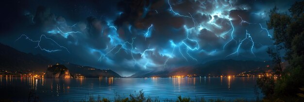 panorama del paesaggio con temporali e fulmini nel cielo notturno in natura in estate sopra il lago d'acqua con le montagne