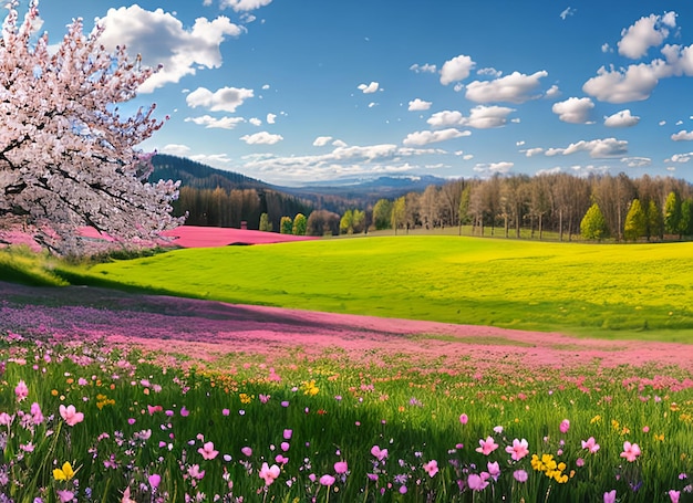 Panorama del paesaggio primaverile con fiori in fiore sul prato