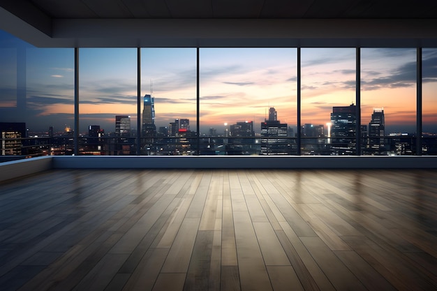 Panorama del tramonto della città da un piano vuoto