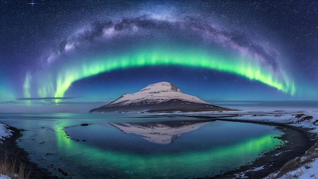 Panorama dell'aurora boreale con la galassia della Via Lattea sopra la montagna innevata sulla costa