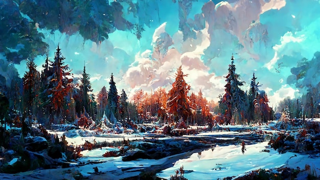 Panorama dell'illustrazione 3D della scena della foresta invernale