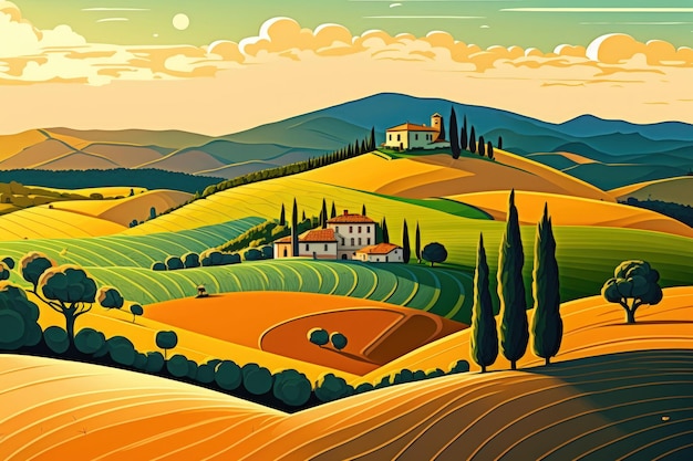 Panorama della campagna toscana dolci colline e campi di grano al tramonto Santa Luce Pisa Italia Europa