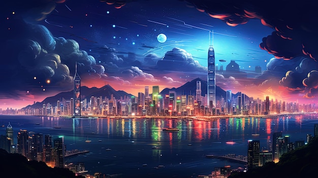 Panorama della città notturna luce al neon generazione di AI