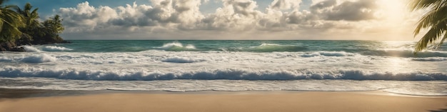 Panorama della costa dell'oceano in tempo calmo con piccole onde cielo blu nuvole bianche e sole splendente Illustrazione del paesaggio marino IA generativa