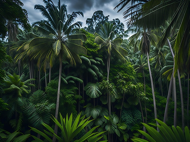 Panorama della fitta foresta selvaggia della giungla con palme e piante tropicali