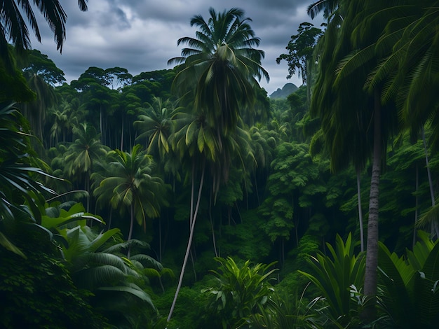 Panorama della fitta foresta selvaggia della giungla con palme e piante tropicali