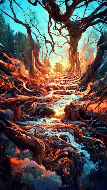 Panorama della foresta all'illustrazione 3D della strada di pietra del tramonto