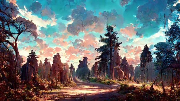 Panorama della foresta all'illustrazione 3D della strada di pietra del tramonto