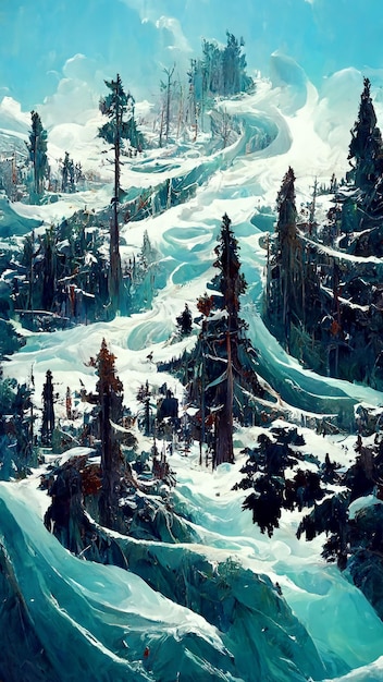 Panorama della foresta invernale con illustrazione 3D di scena di neve e ghiaccio