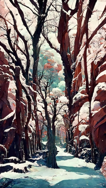 Panorama della foresta invernale con illustrazione 3D di scena di neve e ghiaccio
