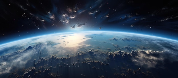 Panorama della scena spaziale con pianeti, stelle e galassie di sfondo generate dall'AI