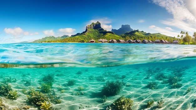 Panorama della spiaggia tropicale come sfondo Bora Bora IA generativa