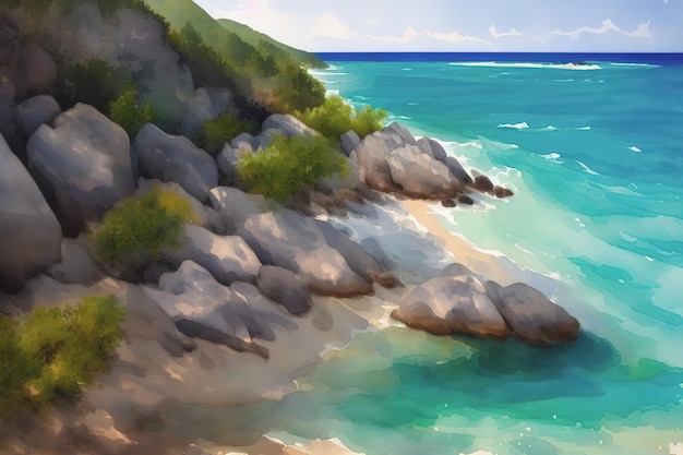 Panorama della spiaggia tropicale con palme e rocce Seychelles Generative AI