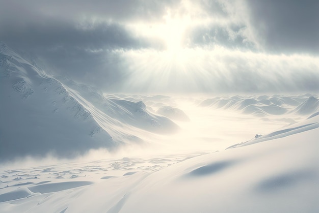 Panorama delle dune di neve durante la bufera di neve Paesaggio immaginario panoramico ghiacciato bianco e vuoto IA generativa