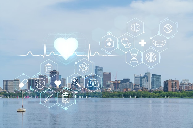 Panorama dello skyline della città di Boston durante il giorno Massachusetts Financial Downtown Icone luminose della medicina digitale sanitaria Il concetto di trattamento dalla malattia Minaccia di pandemia
