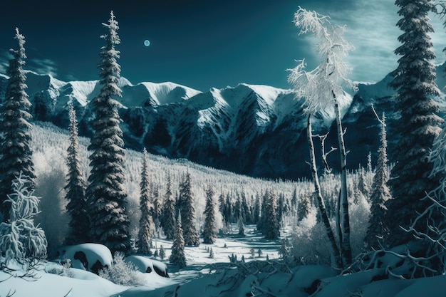 Panorama di boschi innevati con alberi ricoperti e montagne sullo sfondo