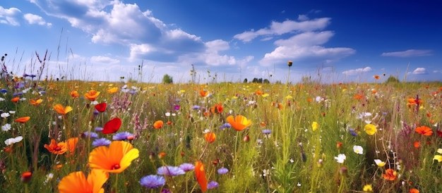 Panorama di campi di prati con fiori in estate sotto un cielo Illustrazione di intelligenza artificiale generativa