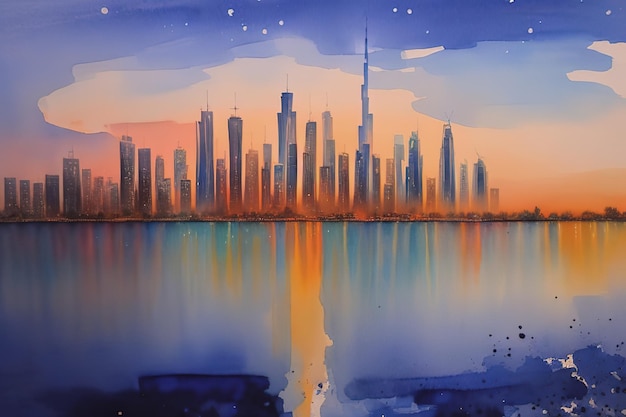 Panorama di dubai al tramonto della sera IA generativa