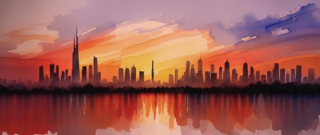 Panorama di dubai al tramonto della sera IA generativa