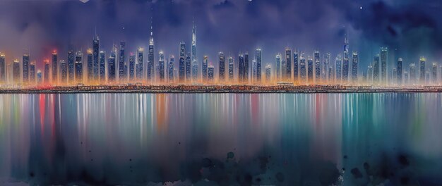 Panorama di dubai al tramonto della sera IA generativa