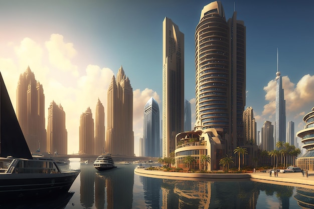 Panorama di Dubai Marina Creek Harbors hotel torreggianti e torri di appartamenti