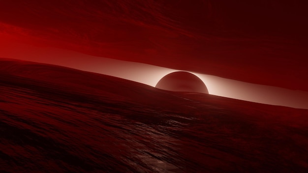 Panorama di Marte all'alba al tramonto sopra la superficie Paesaggio marziano di Marte Paesaggio cosmico di fantasia