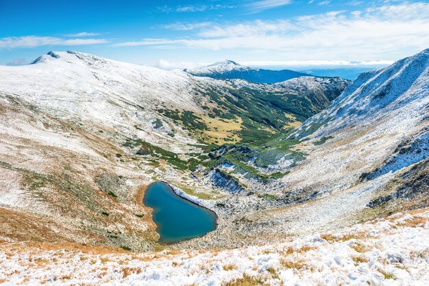 Panorama di montagne bianche con lago blu