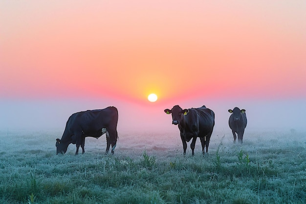 Panorama di mucche che pascolano in un prato con erba All'alba in una nebbia mattutina Il pascolo del bestiame