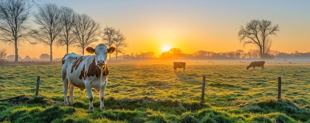 Panorama di mucche che pascolano in un prato con erba All'alba in una nebbia mattutina Il pascolo del bestiame