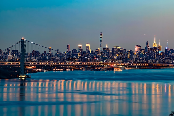 Foto panorama di new york city con grattacieli a manhattan skyline