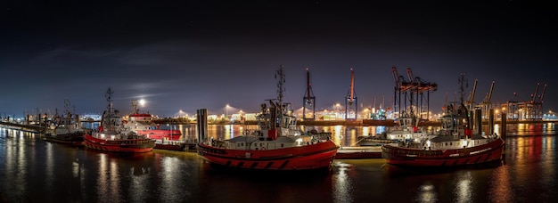 Panorama di notte nel porto di Amburgo