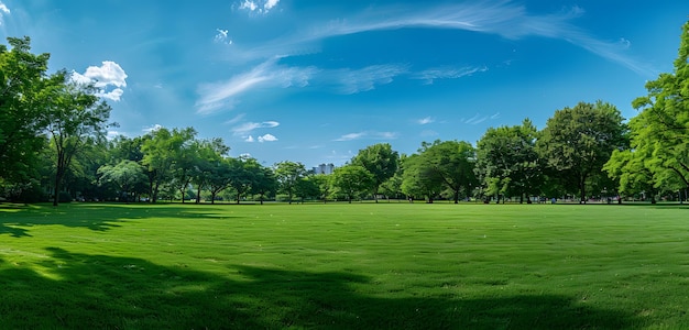 Panorama di un campo di erba verde con cielo blu e nuvole bianche sullo sfondo