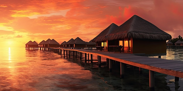 Panorama di un resort di un'isola tropicale al tramonto Hollidays summer concept IA generativa