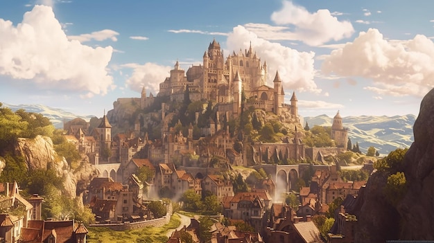 Panorama di un villaggio medievale immaginario in Europa IA generativa