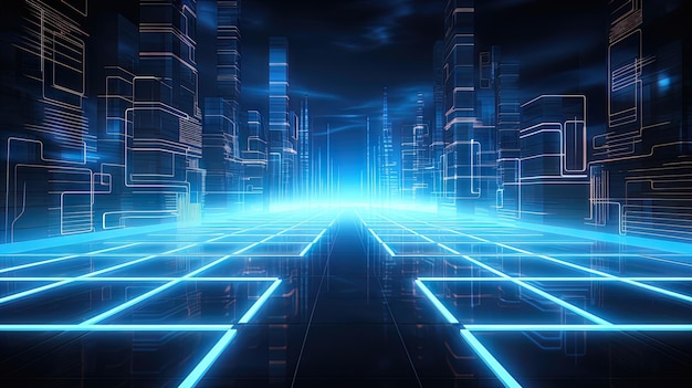 Panorama di una generazione di intelligenza artificiale al neon di una città fantascientifica