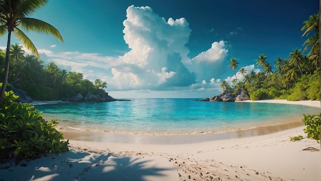 Panorama di una spiaggia paradisiaca tropicale con palme e sabbia bianca sulla riva dell'oceano viaggio al mare in un clima estivo caldo un tour di vacanza generato dall'AI