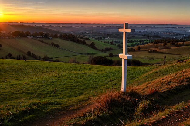 Panorama drammatico l'alba della domenica mattina di Pasqua con croce sulla collina