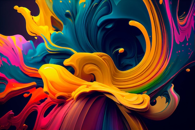 Panorama Esplosione di vernice liquida nei colori dell'arcobaleno con spruzzi di intelligenza artificiale generativa