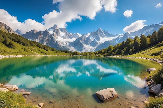 Panorama estivo colorato del lago Lac Blanc con il Mont Blanc Monte Bianco sullo sfondo Luogo di Chamonix Bella scena all'aperto nella Riserva naturale di Vallon de Berard Alpi Graian Francia Europa