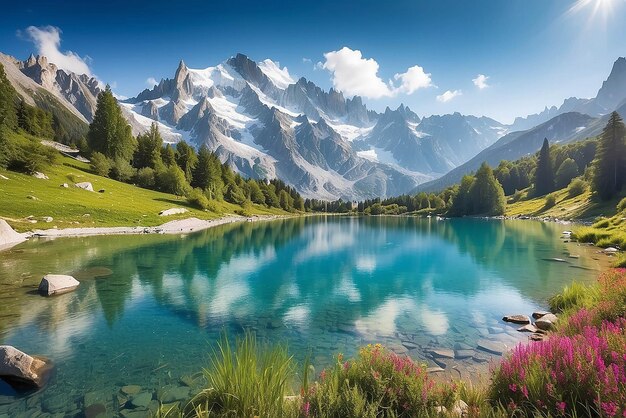 Panorama estivo colorato del lago Lac Blanc con il Mont Blanc Monte Bianco sullo sfondo Luogo di Chamonix Bella scena all'aperto nella Riserva naturale di Vallon de Berard Alpi Graian Francia Europa