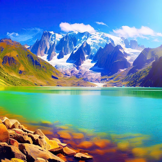 Panorama estivo colorato del lago Lac Blanc con Mont Blanc Monte Bianco sullo sfondo