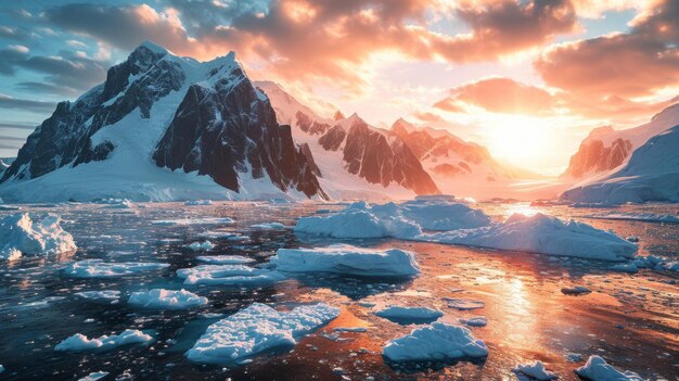 Panorama glaciale tramonto vibrante ghiaccio luccicante tonalità drammatiche immersive fotorealistiche Antartide IA generativa