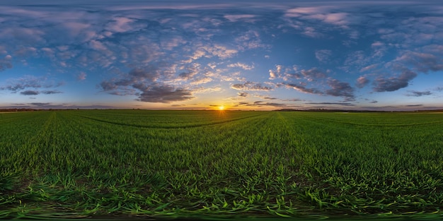 Panorama hdri sferico a 360 gradi tra campo agricolo con nuvole e sole sul cielo blu serale prima del tramonto in proiezione equirettangolare senza soluzione di continuità come sostituzione del cielo nello sviluppo del gioco di panorami di droni