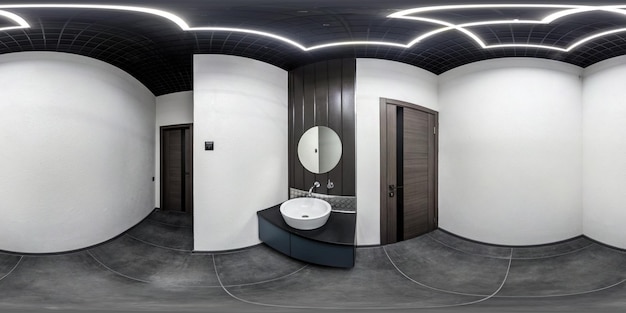 Panorama hdri sferico completo senza cuciture Vista angolare a 360 gradi nel bagno interno del bagno in un moderno bagno pubblico con proiezione equirettangolare