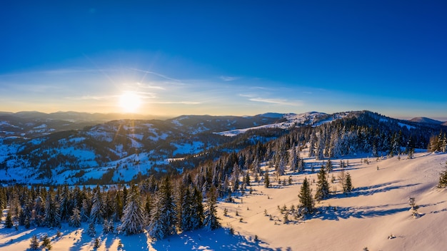 Panorama invernale pittoresco di colline di montagna ricoperte di neve e abeti in una giornata di sole limpido con il sole e il cielo blu. Concetto di bellezza della natura incontaminata. Copyspace