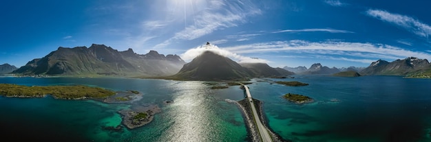 Panorama Lofoten è un arcipelago nella contea di Nordland, Norvegia. È noto per uno scenario caratteristico con montagne e vette spettacolari, mare aperto e baie riparate, spiagge e terre incontaminate.