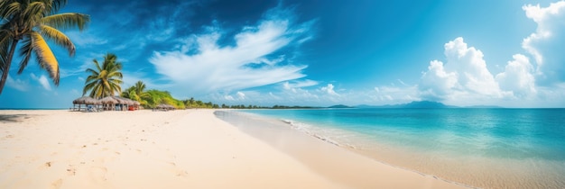 Panorama mare tropicale e spiaggia sabbiosa con sfondo blu cielo IA generativa